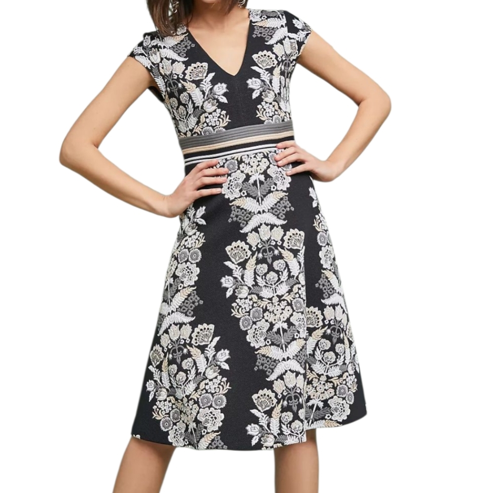 Anthropologie Ett:twa Soiree Midi Dress Black Floral Cotton Embroidered